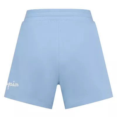 Short femme Champion SHORTS ICONS 117143-BS083 bleu avec grand logo brodé et taille élastique ajustable