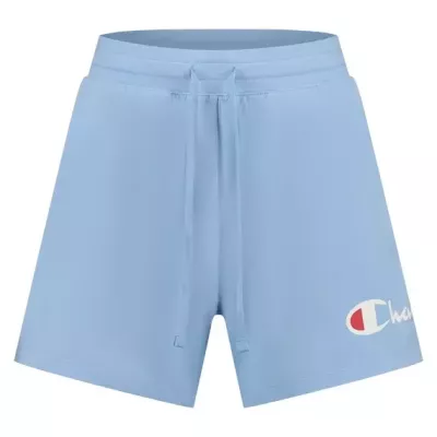 Short femme Champion SHORTS ICONS 117143-BS083 bleu avec grand logo brodé et taille élastique ajustable