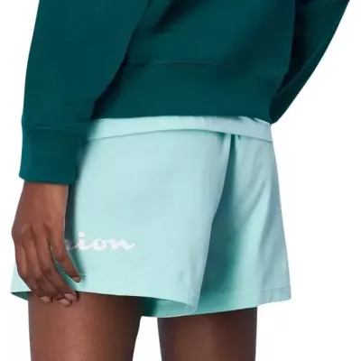 Short femme Champion SHORTS ICONS 117143-GS009 turquoise avec grand logo brodé et taille élastique ajustable