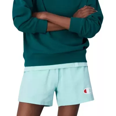 Short femme Champion SHORTS ICONS 117143-GS009 turquoise avec grand logo brodé et taille élastique ajustable