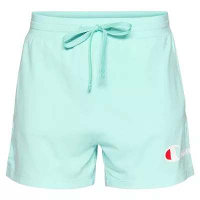 Short femme Champion SHORTS ICONS 117143-GS009 turquoise avec grand logo brodé et taille élastique ajustable
