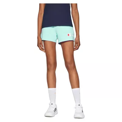 Short femme Champion SHORTS ICONS 117143-GS009 turquoise avec grand logo brodé et taille élastique ajustable