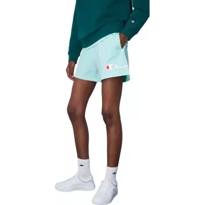 Short femme Champion SHORTS ICONS 117143-GS009 turquoise avec grand logo brodé et taille élastique ajustable