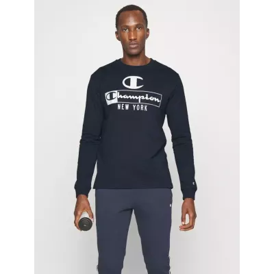 T-shirt homme CHAMPION manches longues bleu marine avec logo avant col rond