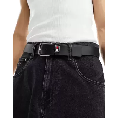 Ceinture homme Tommy Jeans SCANTON AM0AM12045-BDS en cuir noir largeur 3,5 cm 100% cuir