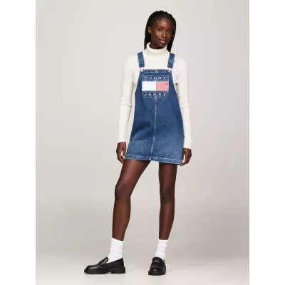 Robe femme Tommy Jeans RETRO FLAG DENIM OVERALLS DW0DW18956-1A5 bleue en denim avec bretelles réglables et poche avant