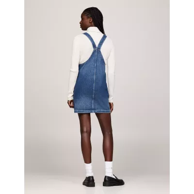 Robe femme Tommy Jeans RETRO FLAG DENIM OVERALLS DW0DW18956-1A5 bleue en denim avec bretelles réglables et poche avant