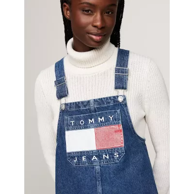 Robe femme Tommy Jeans RETRO FLAG DENIM OVERALLS DW0DW18956-1A5 bleue en denim avec bretelles réglables et poche avant