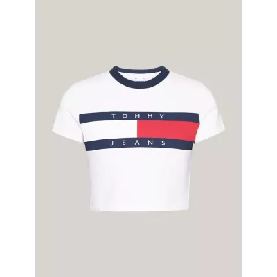 T-shirt femme Tommy Jeans CROPPED SLIM T-SHIRT DW0DW19044-YBR blanc en coton coupe courte ajustée avec insigne poitrine