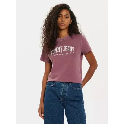T-shirt femme Tommy Jeans VARSITY REGULAR FIT DW0DW19826-VLP violet en coton avec logo poitrine coupe regular