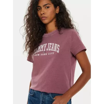 T-shirt femme Tommy Jeans VARSITY REGULAR FIT DW0DW19826-VLP violet en coton avec logo poitrine coupe regular