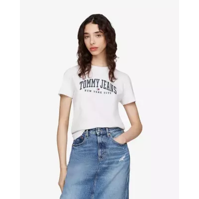 T-shirt femme Tommy Jeans VARSITY REGULAR FIT DW0DW19826-YBR blanc en coton avec logo poitrine coupe regular