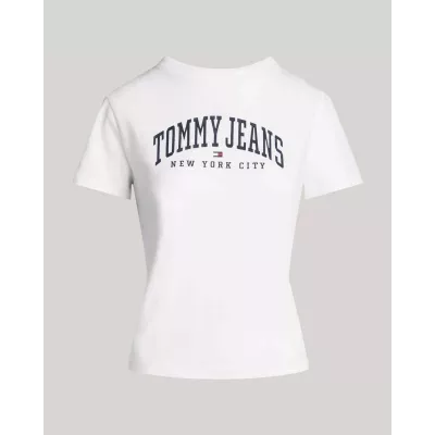 T-shirt femme Tommy Jeans VARSITY REGULAR FIT DW0DW19826-YBR blanc en coton avec logo poitrine coupe regular