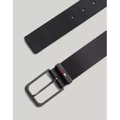 Ceinture Tommy Jeans ELEVATED LEATHER AM0AM12646-BDS en cuir noir avec boucle métal et logo émaillé largeur 4 cm