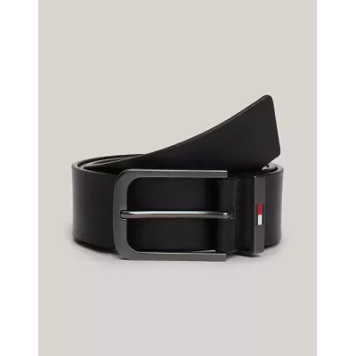 Ceinture Tommy Jeans ELEVATED LEATHER AM0AM12646-BDS en cuir noir avec boucle métal et logo émaillé largeur 4 cm