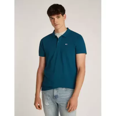 Polo homme Tommy Jeans SLIM PLACKET POLO DM0DM18312-CWG vert en coton piqué coupe slim avec écusson poitrine