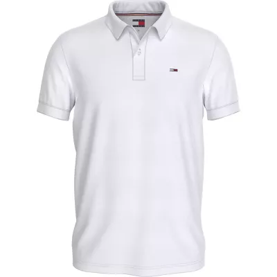 Polo homme Tommy Jeans SLIM PLACKET POLO DM0DM18312-YBR blanc en coton piqué coupe slim avec écusson poitrine