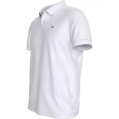 Polo homme Tommy Jeans SLIM PLACKET POLO DM0DM18312-YBR blanc en coton piqué coupe slim avec écusson poitrine