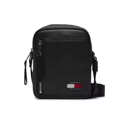 Sac reporter Tommy Hilfiger MODERN METALLIC LOGO AM0AM13138-BDS noir avec bandoulière ajustable