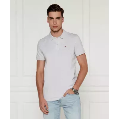 Polo homme Tommy Jeans SLIM PLACKET POLO DM0DM18312-P9V gris en coton piqué coupe slim avec écusson poitrine