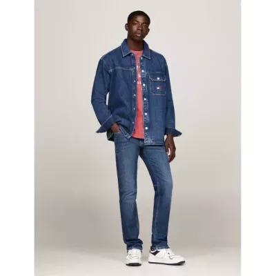 Chemise homme Tommy Jeans ESSENTIAL DENIM SHIRT DM0DM18328-1A4 bleue en denim 100 % coton coupe relaxed fit manches longues