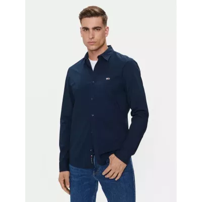 Chemise homme Tommy Jeans REGULAR ENTRY POPLIN DM0DM19519-C1G bleu marine en coton extensible coupe régulière manches longues