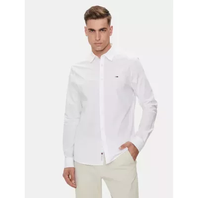 Chemise homme Tommy Jeans REGULAR ENTRY POPLIN DM0DM19519-YBR blanche en coton extensible coupe régulière manches longues