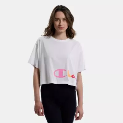 Crop top femme CHAMPION 116113-WW001 blanc avec logo multicolore en écriture cursive et coupe oversize en coton léger