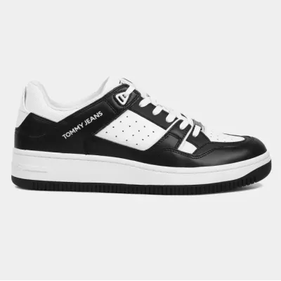 Sneakers homme Tommy Jeans RETRO CUPSOLE EM0EM01464-BDS noires en cuir avec semelle cupsole épaisse et logo latéral