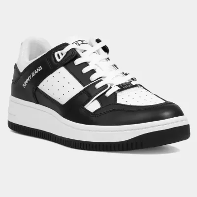 Sneakers homme Tommy Jeans RETRO CUPSOLE EM0EM01464-BDS noires en cuir avec semelle cupsole épaisse et logo latéral