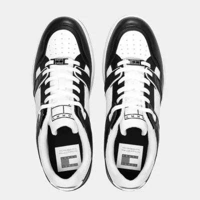 Sneakers homme Tommy Jeans RETRO CUPSOLE EM0EM01464-BDS noires en cuir avec semelle cupsole épaisse et logo latéral