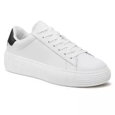 Sneakers homme Tommy Jeans LEATHER OUTSOLE EM0EM01159-YBR blanches en cuir avec lacets semelle caoutchouc bout arrondi