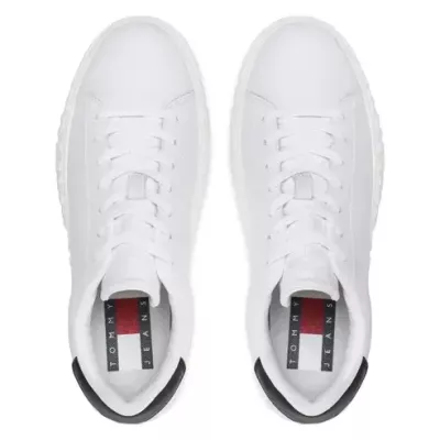 Sneakers homme Tommy Jeans LEATHER OUTSOLE EM0EM01159-YBR blanches en cuir avec lacets semelle caoutchouc bout arrondi