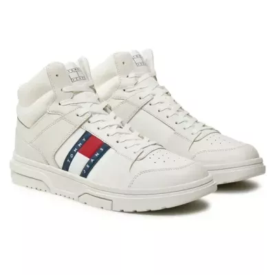 Sneakers homme Tommy Jeans BROOKLYN MIX MAT MID EM0EM01458-YBL blanches en cuir textile avec lacets semelle caoutchouc