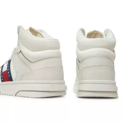 Sneakers homme Tommy Jeans BROOKLYN MIX MAT MID EM0EM01458-YBL blanches en cuir textile avec lacets semelle caoutchouc