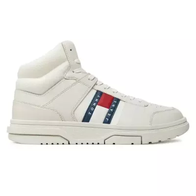 Sneakers homme Tommy Jeans BROOKLYN MIX MAT MID EM0EM01458-YBL blanches en cuir textile avec lacets semelle caoutchouc