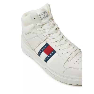 Sneakers homme Tommy Jeans BROOKLYN MIX MAT MID EM0EM01458-YBL blanches en cuir textile avec lacets semelle caoutchouc