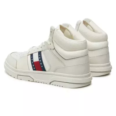 Sneakers homme Tommy Jeans BROOKLYN MIX MAT MID EM0EM01458-YBL blanches en cuir textile avec lacets semelle caoutchouc