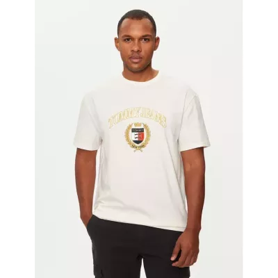 T-shirt homme Tommy Jeans GOLD CREST DM0DM19690-YBH blanc en coton avec logo brodé poitrine coupe régulière