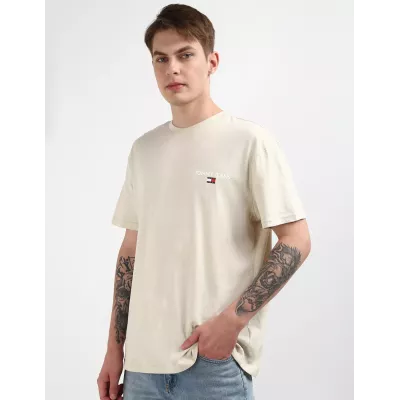 T-shirt homme Tommy Jeans LINEAR PRINT REGULAR DM0DM19691-ACG blanc en coton avec imprimé coupe regular