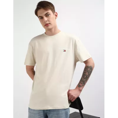 T-shirt homme Tommy Jeans LINEAR PRINT REGULAR DM0DM19691-ACG blanc en coton avec imprimé coupe regular