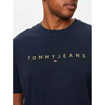 T-shirt homme Tommy Jeans LINEAR GOLD LOGO DM0DM19694-C1G bleu marine en coton avec logo doré poitrine coupe regular
