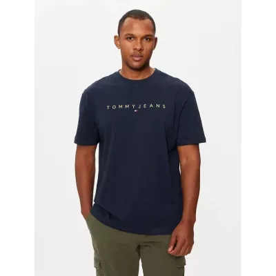 T-shirt homme Tommy Jeans LINEAR GOLD LOGO DM0DM19694-C1G bleu marine en coton avec logo doré poitrine coupe regular