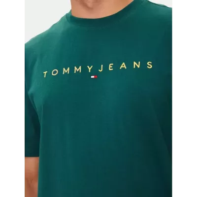 T-shirt homme Tommy Jeans LINEAR GOLD LOGO DM0DM19694-CWG vert en coton avec logo doré poitrine coupe regular