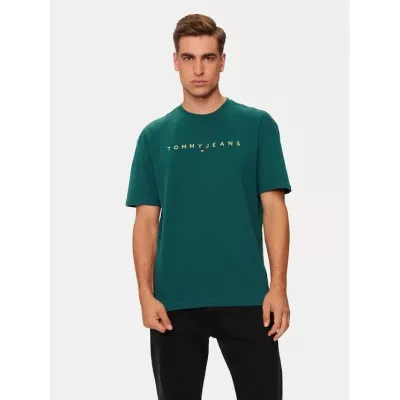 T-shirt homme Tommy Jeans LINEAR GOLD LOGO DM0DM19694-CWG vert en coton avec logo doré poitrine coupe regular