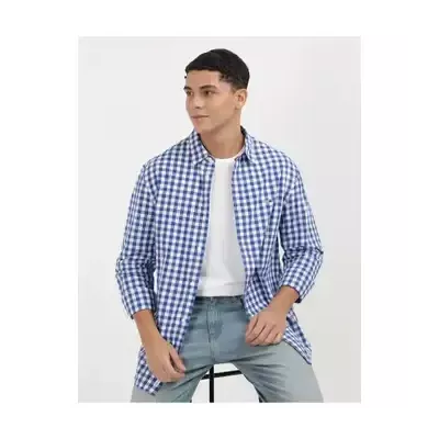 Chemise homme Tommy Hilfiger REGULAR POPLIN CHECK DM0DM19655-C8T bleue en coton manches courtes motif carreaux