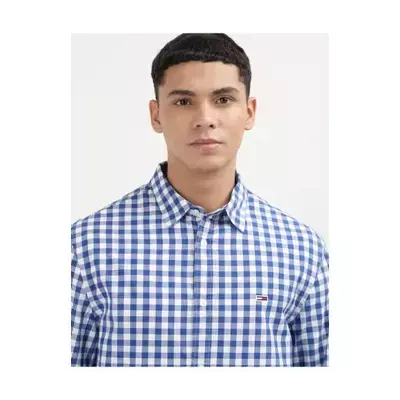 Chemise homme Tommy Hilfiger REGULAR POPLIN CHECK DM0DM19655-C8T bleue en coton manches courtes motif carreaux