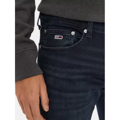 Jean homme Tommy Jeans SCANTON SLIM FIT DM0DM20386-1BK bleu marine en denim stretch coupe slim avec effet délavé vintage