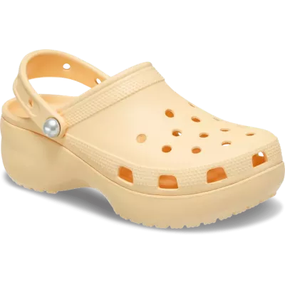 Sabots Crocs Classic Platform Pearl orange réf 211231-78Z avec plateforme brillante et confort iconique