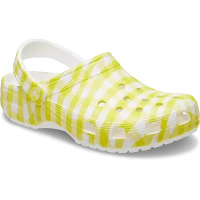 Sabots Crocs Classic Gingham jaune et blanc réf 211006-78R avec motif vichy estival